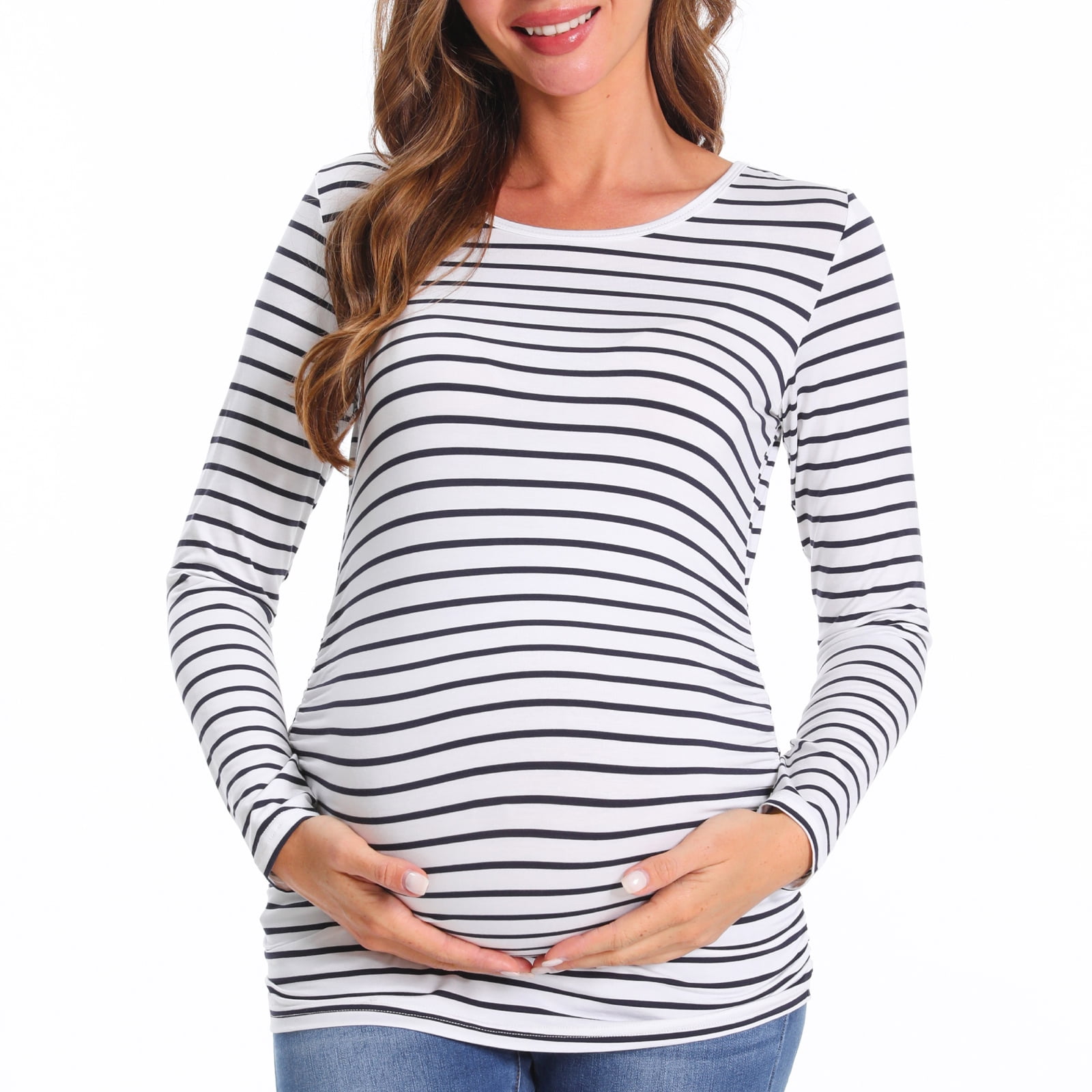 Bearsland Women's Long Sleeve Maternity Shirts Casual Tunic Side Ruched Tops Pregnancy Clothes 3-Pack