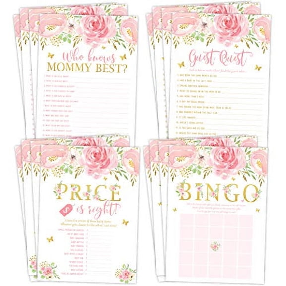 Baby Shower Games, Bingo, Find The Guest, The Price Is Right, Who Knows Mommy Best, Pink and Gold Floral, 25 Games Each
