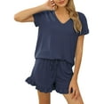 thumbnail image 2 of UKAP Pyjama pour Femmes Col en V Ensemble Deux Pièces à Volants Tenue de Nuit Ample Bleu TG, 2 of 4