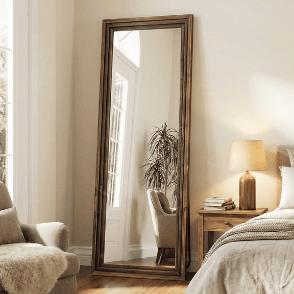 Farmhouse Full Length Mirror with Stand, 63" x 21" Solid Wood Frame Floor Mirror in Walnut Finish, Full Body Mirror for Bedroom, Hallway & Living Room