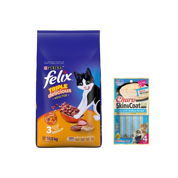 Felix Triple Delicious Granja 10 kg + Churu Skin&Coat Atún y Vieira Snack 4 tubos de 14g