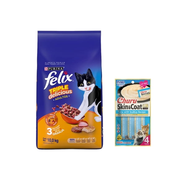 Felix Triple Delicious Granja 10 kg + Churu Skin&Coat Atún y Vieira Snack 4 tubos de 14g