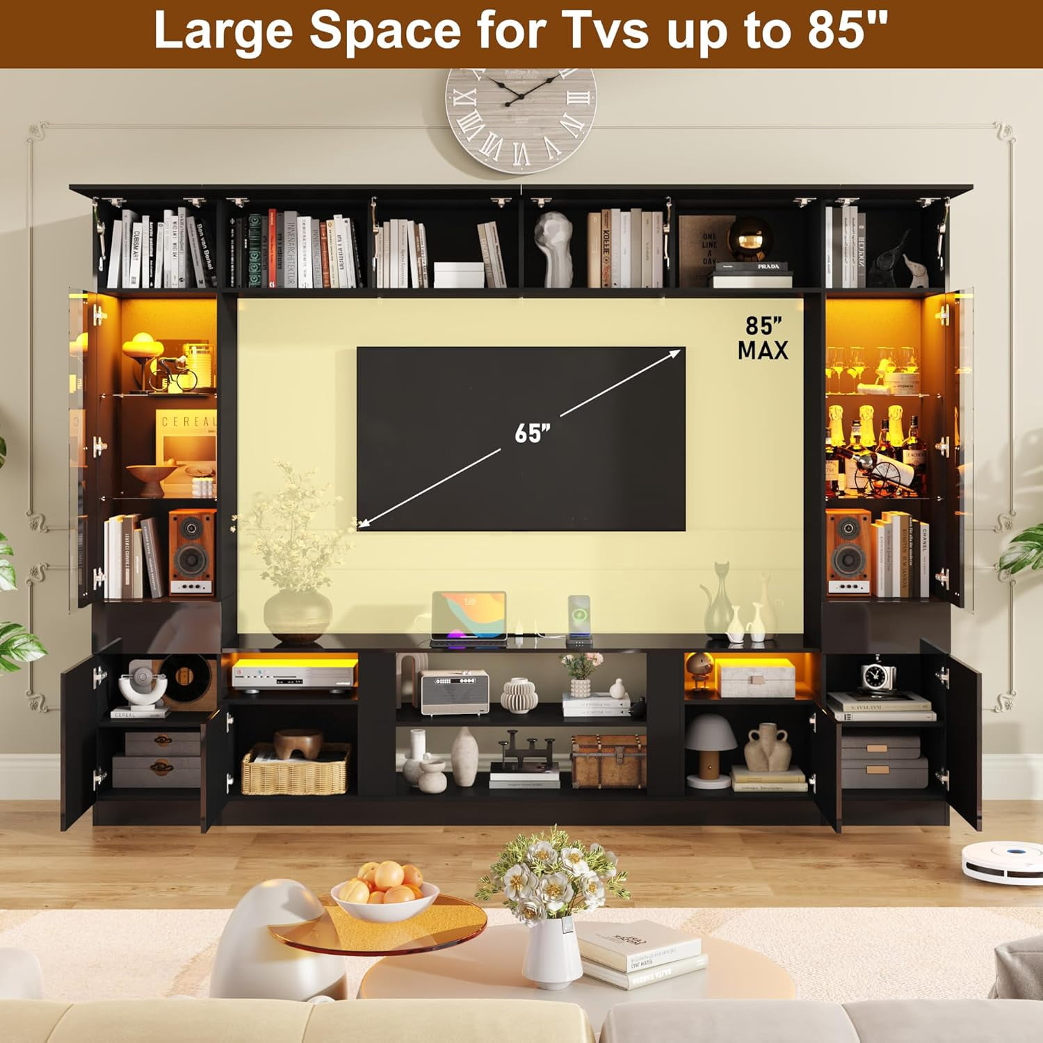 ANPOO 107" Large Wall Unit Entertainment Center with Bookshelves & LED Lights and Storage Shelves, Modern High Glossy TV Stand Media Console Table with Bridge Cabinet for Living Room & Home Theater