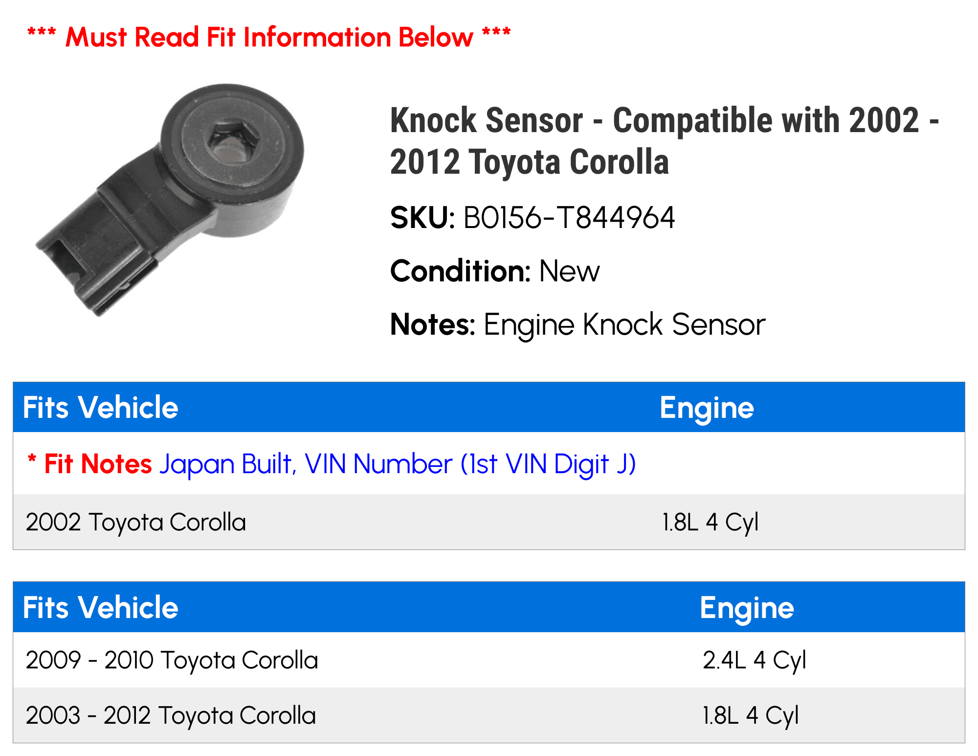 Knock Sensor - Compatible with 2002 - 2012 Toyota Corolla 2003 2004 2005 2006 2007 2008 2009 2010 2011