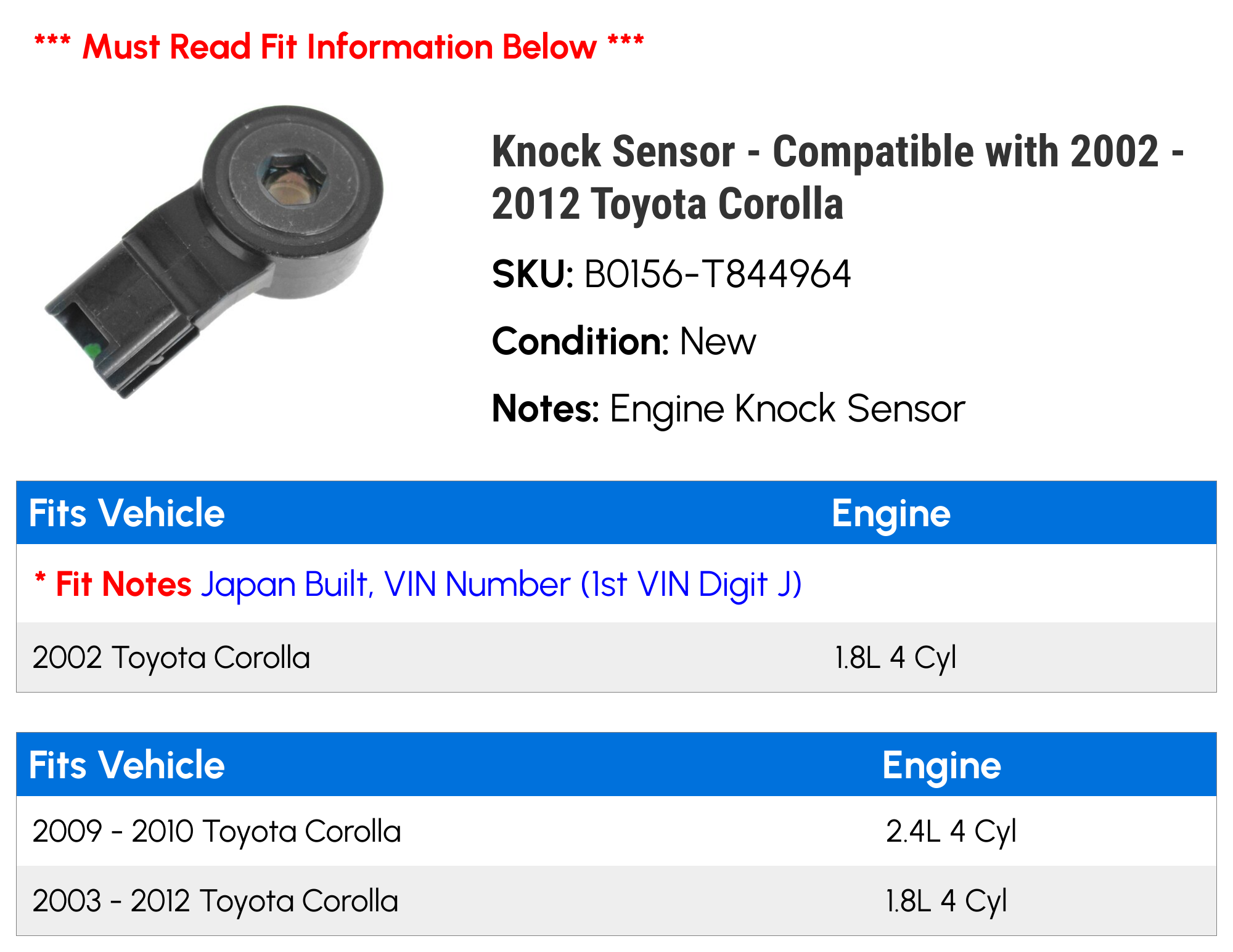 Engine Knock Sensor For Toyota Corolla 2003-2012 & More – Partscollect 89615-20090