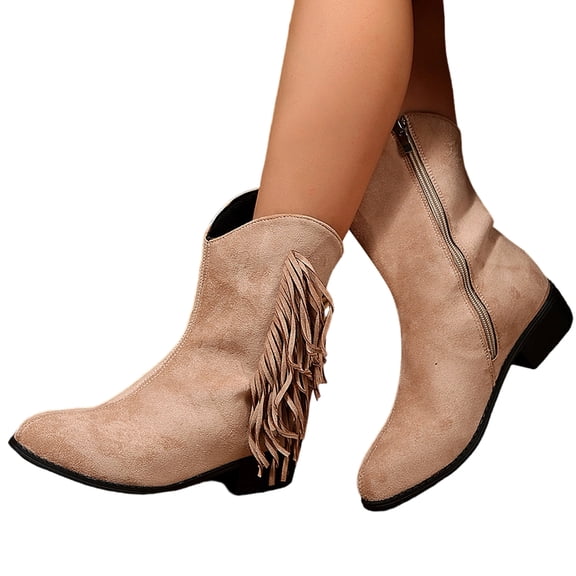 Willtoo Womens Winter Boots Tassel Chunky Heel Mid Calf Faux Suede Side Zipper Fashion Casual Shoes