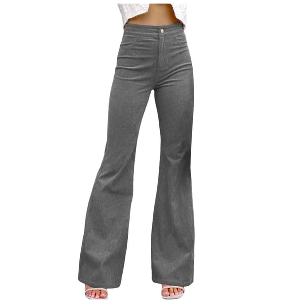 Pantalones acampanados de color liso y cintura media para mujer - Pantalones informales de pana con bolsillos prácticos - Lavables a máquina, talla real - Todas las estaciones S-XXL