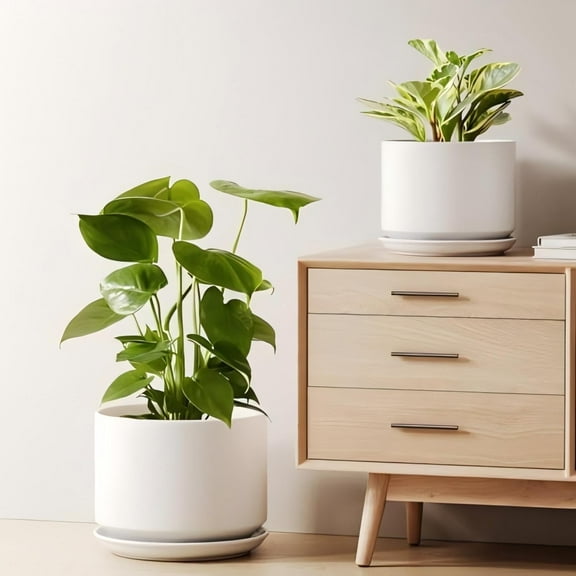 BEMAY Set of 2 Ceramic Plant Pots, 8" & 10" White Indoor Planters with Drainage Holes & Saucers, Flower Pots for Succulents