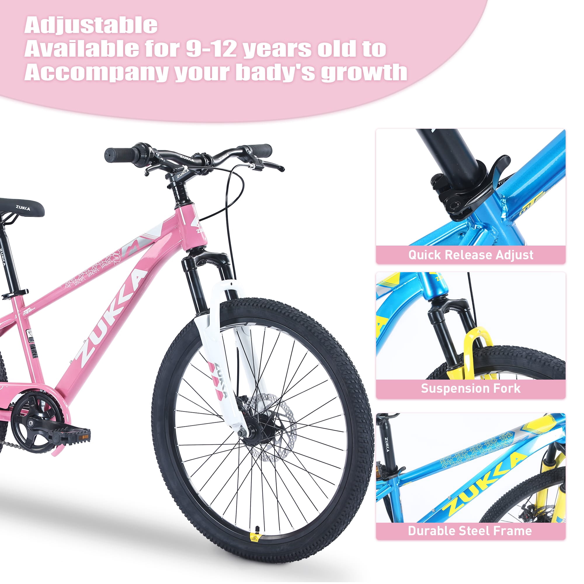 24 Inch Mountain Bike for Kids 9-12 Years, Steel Frame Kids Bike with Dual Disc Brakes, 24" Youth Bicycle with Suspension Fork