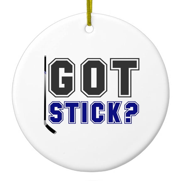 DistinctInk Hanging Ceramic Christmas Ornament - Got Stick? Hockey - Gold String, 2-3/4 inch Diameter
