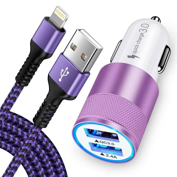 Car Charger,iPhone Car Charger Adapter with iPhone Charger Cable 10ft HAOANO QC3.0 2.4A Dual Port USB Fast Car Charger Compatible for iPhone Fast Charging Cable 10ft Cigarette Lighter Socket