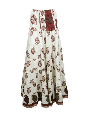 Mogul Women Maxi Skirt, Strapless Dresses White Maroon Floral Printed Dress, Summer Beach skirt, Recycled Sari Dresses S/M