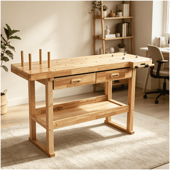 Modern Natural Rubberwood Office Desk with 2 Drawers and Open Shelf for Home Office Workspace