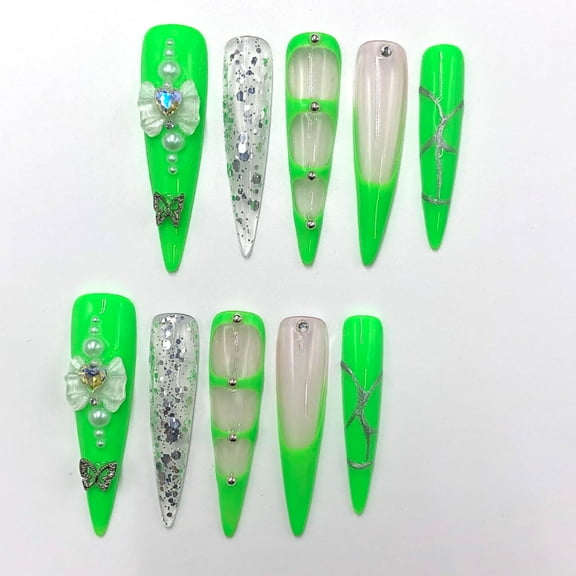 10PCS Neon Green Transparent Stiletto Press-On Nails with 3D Rhinestones & Glitter Extra Long Sculpted Design