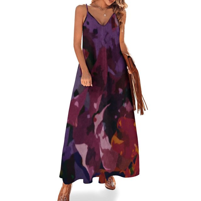 Vestido sin mangas abstracto de cobre rosa púrpura con flores de archivo Vestido de mujer para ceremonias con falda Vestido de mujer para noche