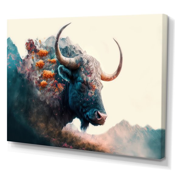 Designart Double Exposure Of A Taurus With Nature Landscape II Canvas Wall Art
