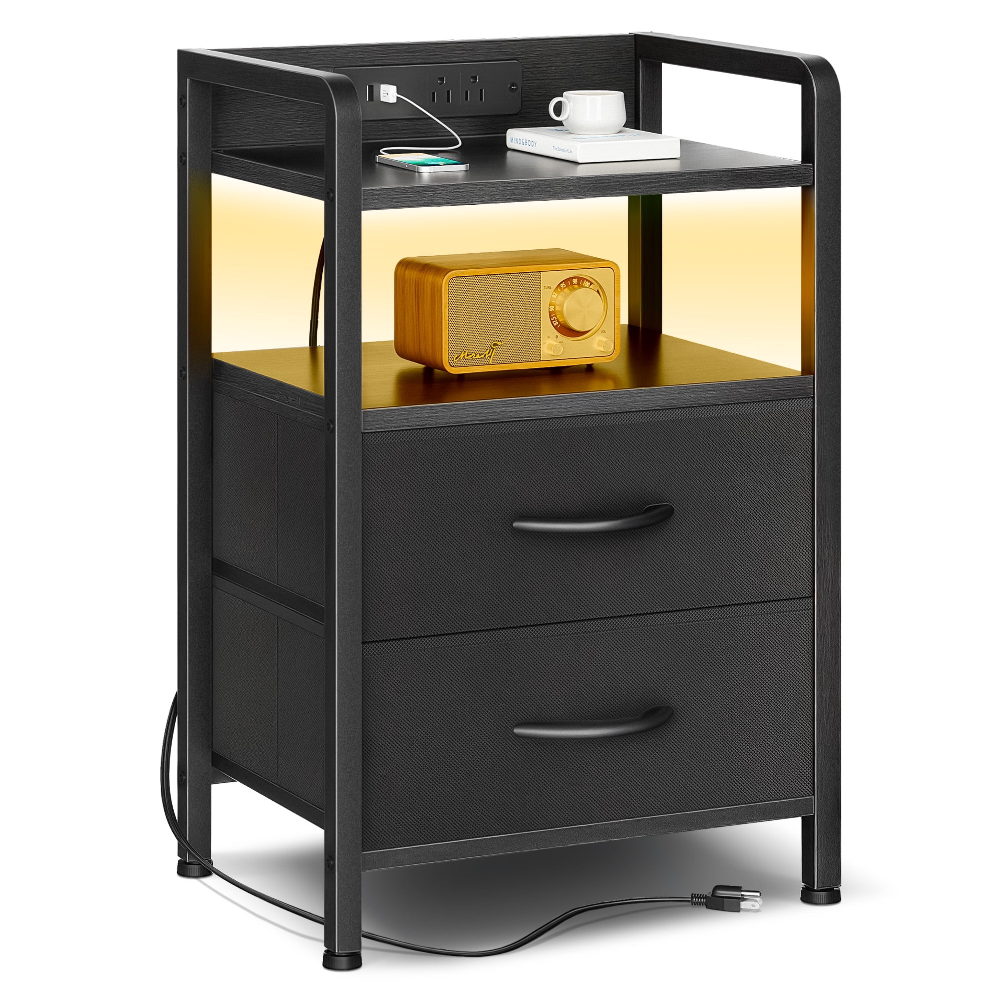 Bestco LED Nightstand End Table with Charging Station & 2 Drawers for Bedroom Black