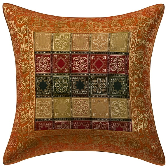 Stylo Culture Ethnic Couch Throw Pillow Cover 16 x 16 Jacquard Orange Traditional 40x40 cm Home Decor Brocade Floral Zippered Square Cushion Cover | 1 Pc
