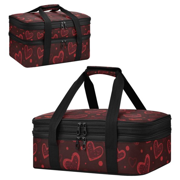 Large Double Decker Insulated Casserole Carrier Expandable 2-Layer Thermal Food Tote Bag Rustic Red Polka Dot Hearts Hot Cold Pizza Lasagna Holder for Potluck Picnic Party Camping