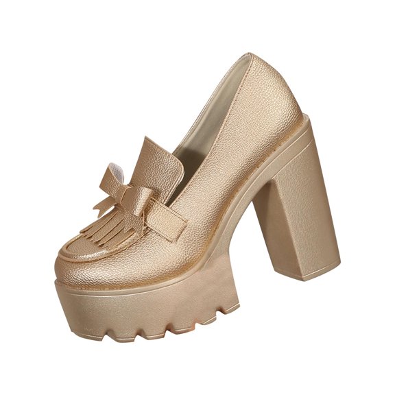 Gpaecead Women Bow Tassel Chunky Hight Heel Loafer Faux Leather Summer Outdoor Platform Non Slip Comfort Shoes, Gold