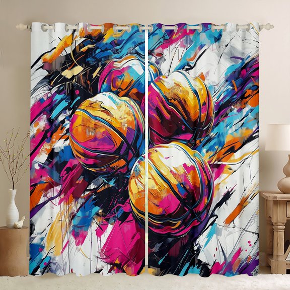Feelyou Basketball Sports Teens Curtains Pack of 2 (42x84 Each), Splash Watercolor Curtains Blackout, Simple Graffiti Style Bedroom Curtains, Window Curtains Bedroom Decor