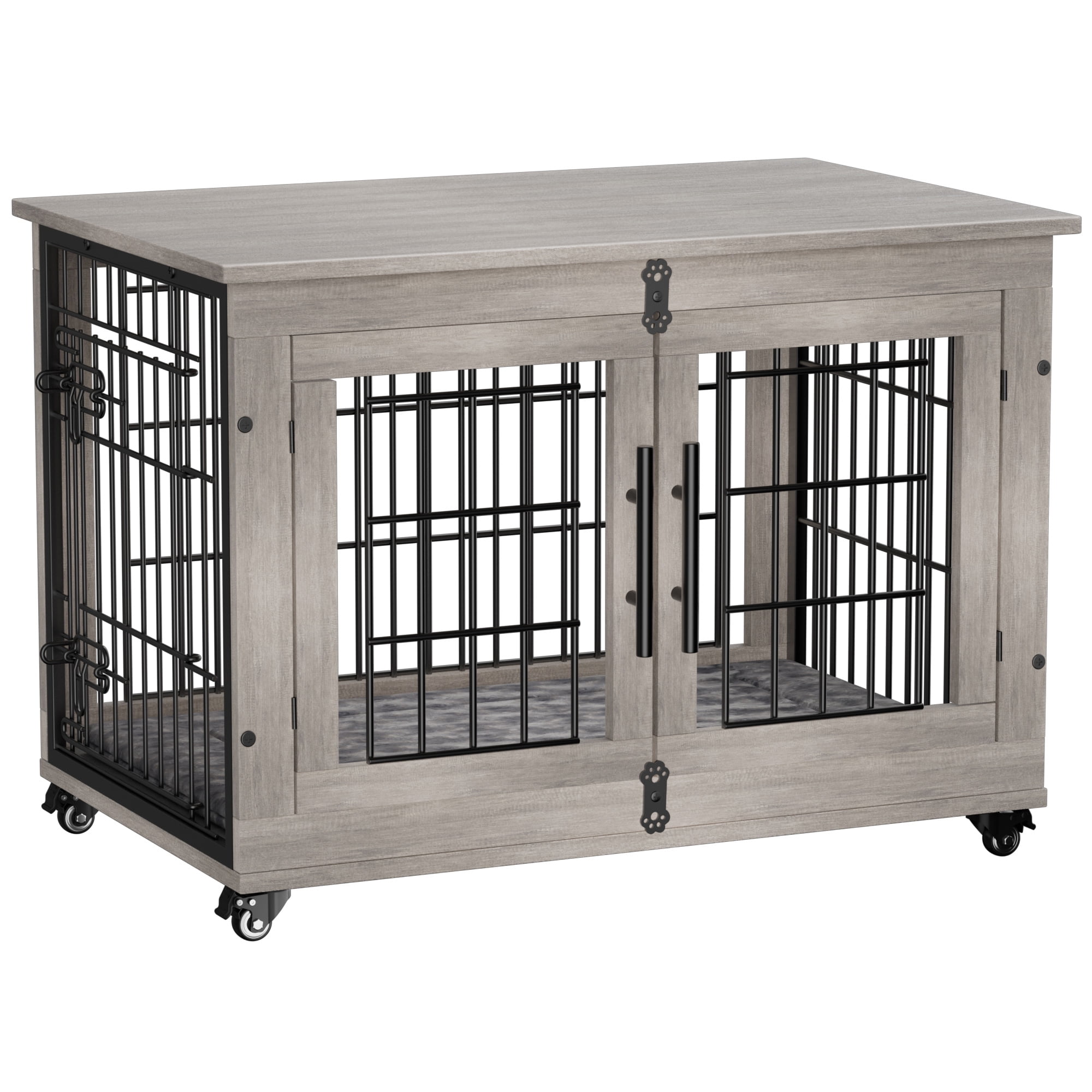 GIKPAL 32-inch Dog Crate with Pads, 2-Door Heavy-Duty Indoor Wooden Dog Cage on Wheels for Small to Medium Dogs up to 45 lbs