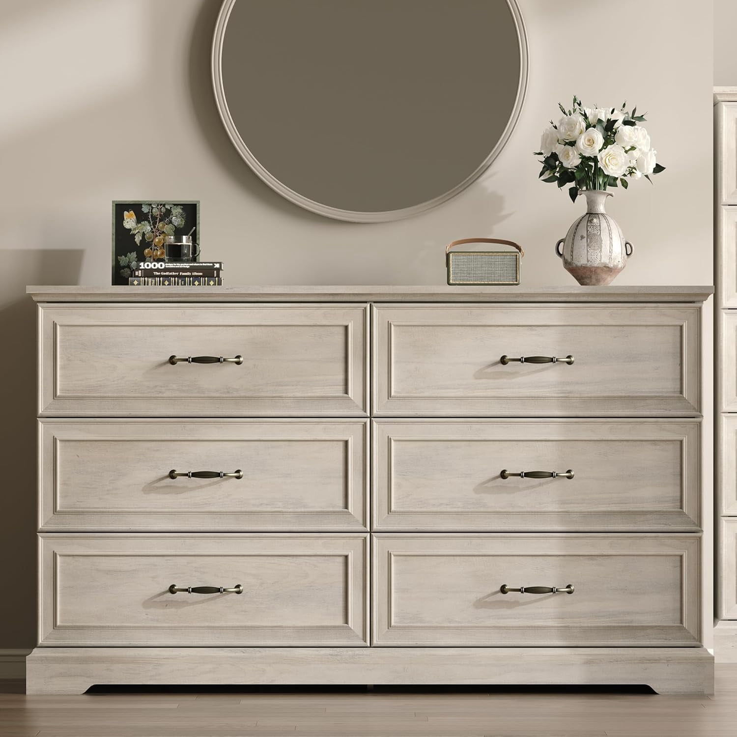 FANRAL 6 Drawers Dresser for Bedroom,Wood Rustic Storage Cabinet Chest of Drawers,Farmhouse Large Drawers with Metal Handles,Light Gray Dresser(Plus)