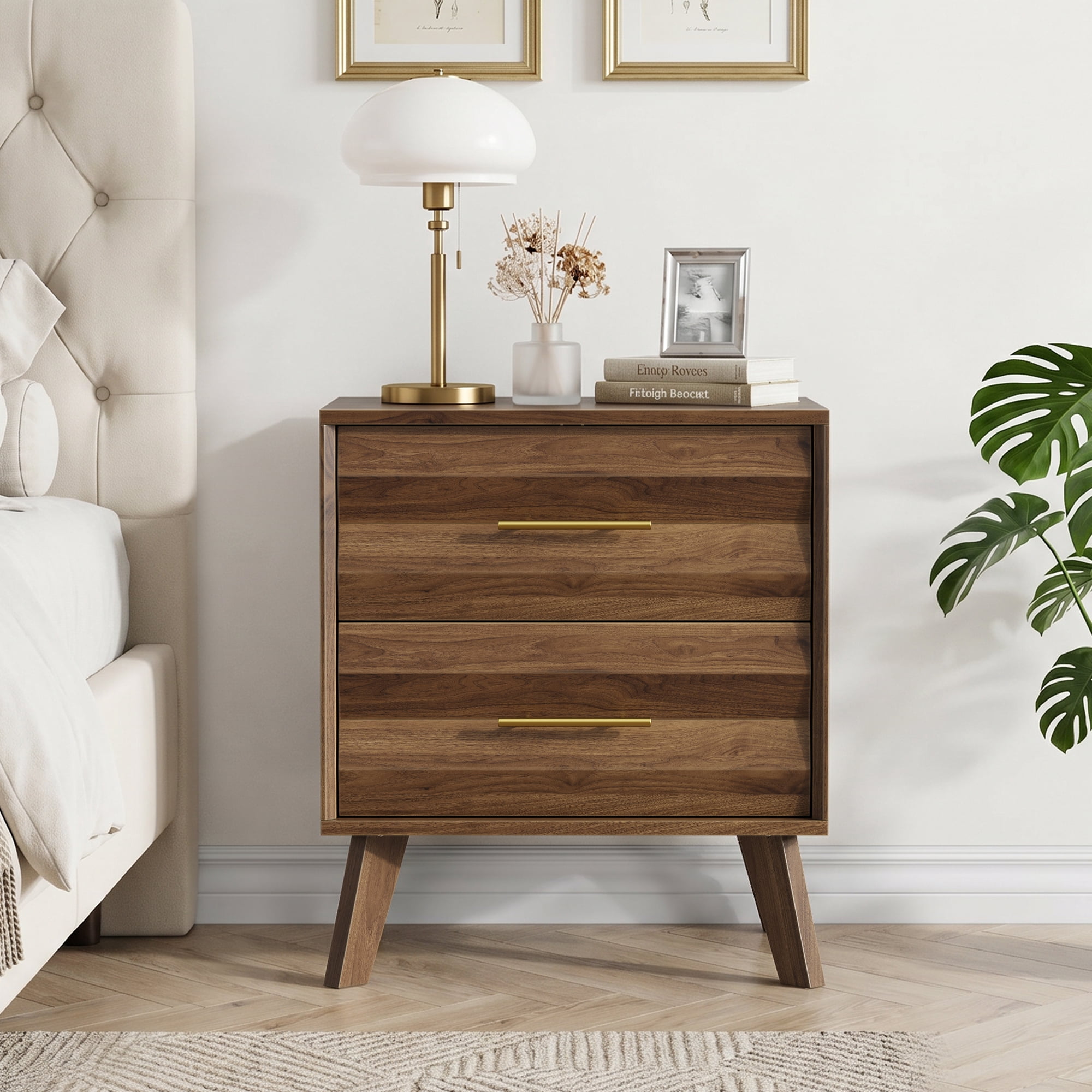 Walnut Bedside Table with Double Drawers and Metal Handles, Modern Nightstand and Side Storage Cabinet for Bedroom, Medieval-Style Design, Walnut