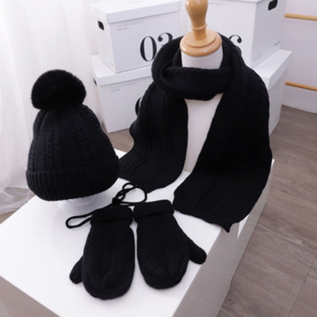 LinYooLi Children’S Knitted Small Linen Hat Scarf Gloves Three-Piece Set, Plush Warm Children’S Hat Wool Cap