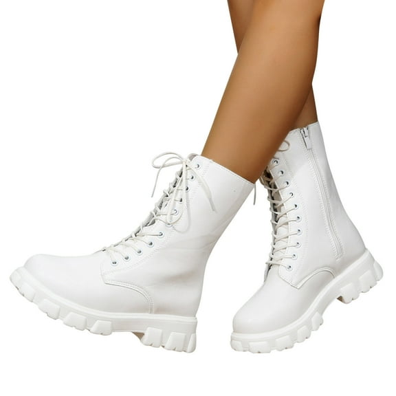 Lace Up Ankle Platform Boots for Women Lightweight Non Slip Leather Mid Calf Combat Booties with Side Zipper