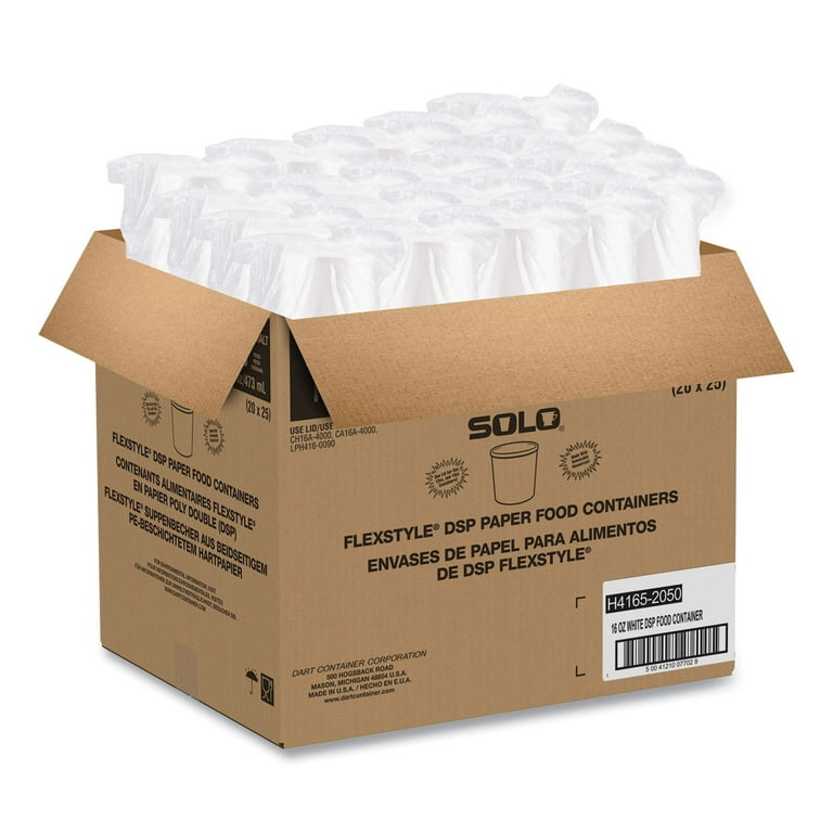 Flexstyle Double Poly Paper Containers, 16 oz, White, Paper, 25/Pack, 20 Packs/Carton