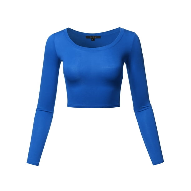 A2Y - A2Y Women's Basic Solid Stretchable Scoop Neck Long Sleeve Crop ...