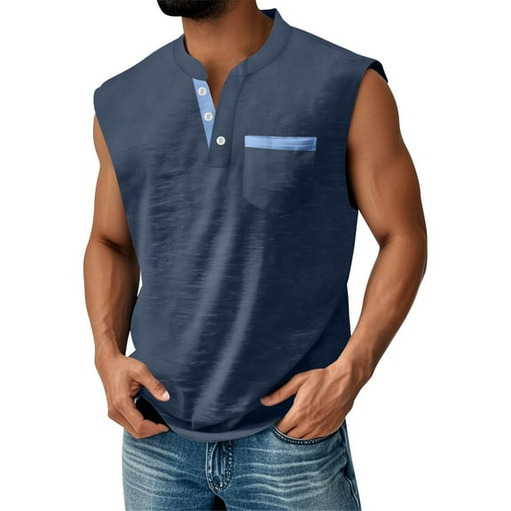 Evdexr Men's Sleeveless Mokaloha Shirts Henley Chest Pocket V Neck T Shirts Solid Slim Fit Beach Tee Shirts Muscle Big and Tall Summer Shirt Clothes Navy 2XL
