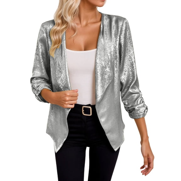 QHFBli Women Sequin Jacket Glitter Sparkle Open Front Casual Long Sleeve Blazer Coat