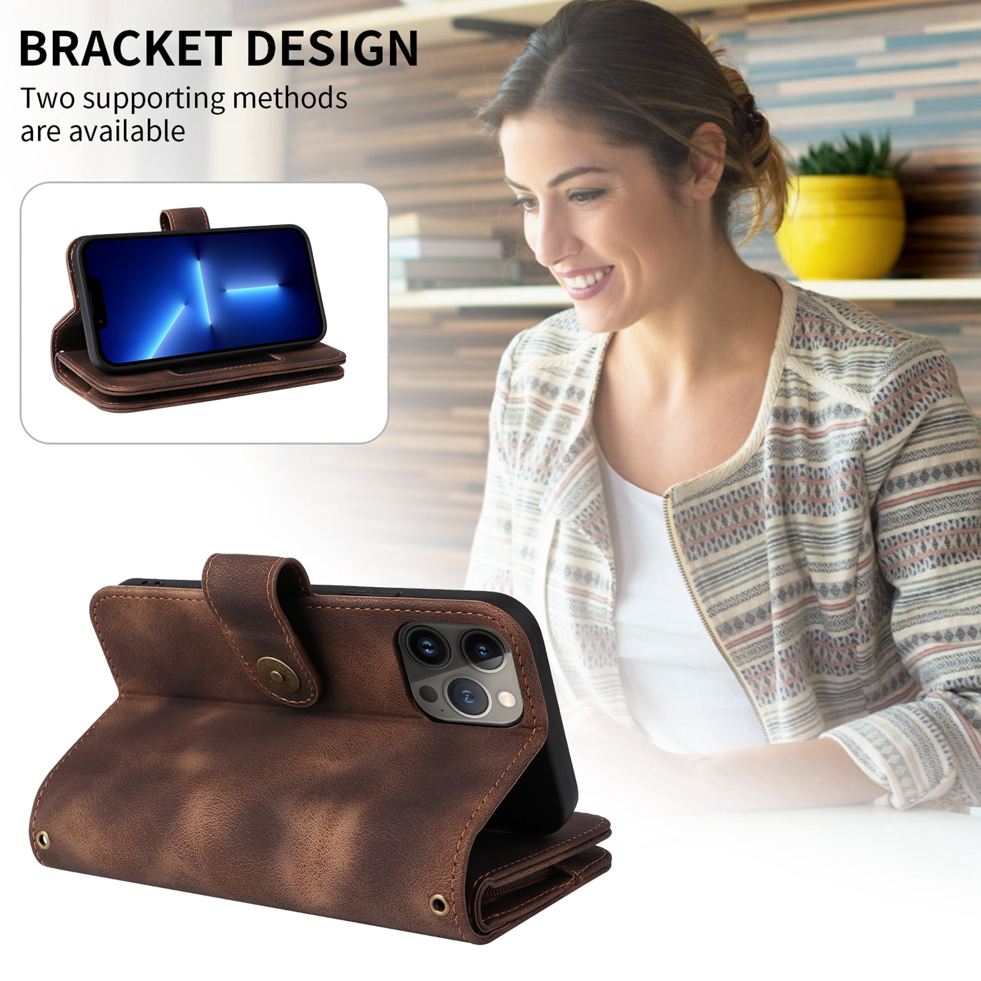 Dteck for Apple iPhone 14 Pro 6.1 inch Wallet Case for Women Men, Sturdy PU Leather Case Magnetic Flip Zipper 7 Cards Holder Wristlet & Shoulder Strap Kickstand Phone Case, Brown