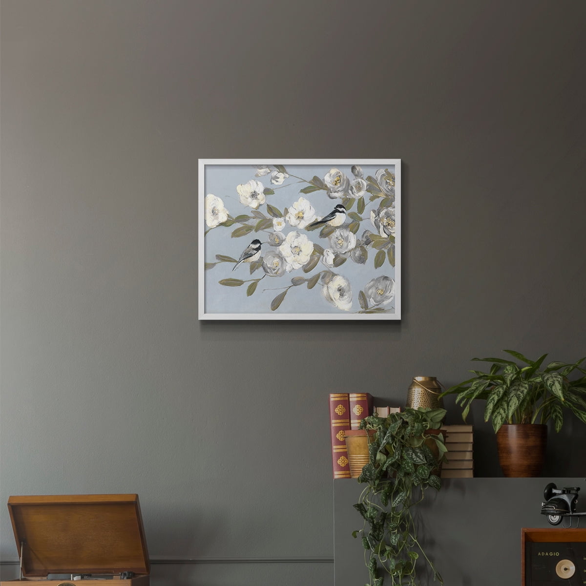 Chickadees and Blossoms I by Sally Swatland - Restickable Framed Giclée Print