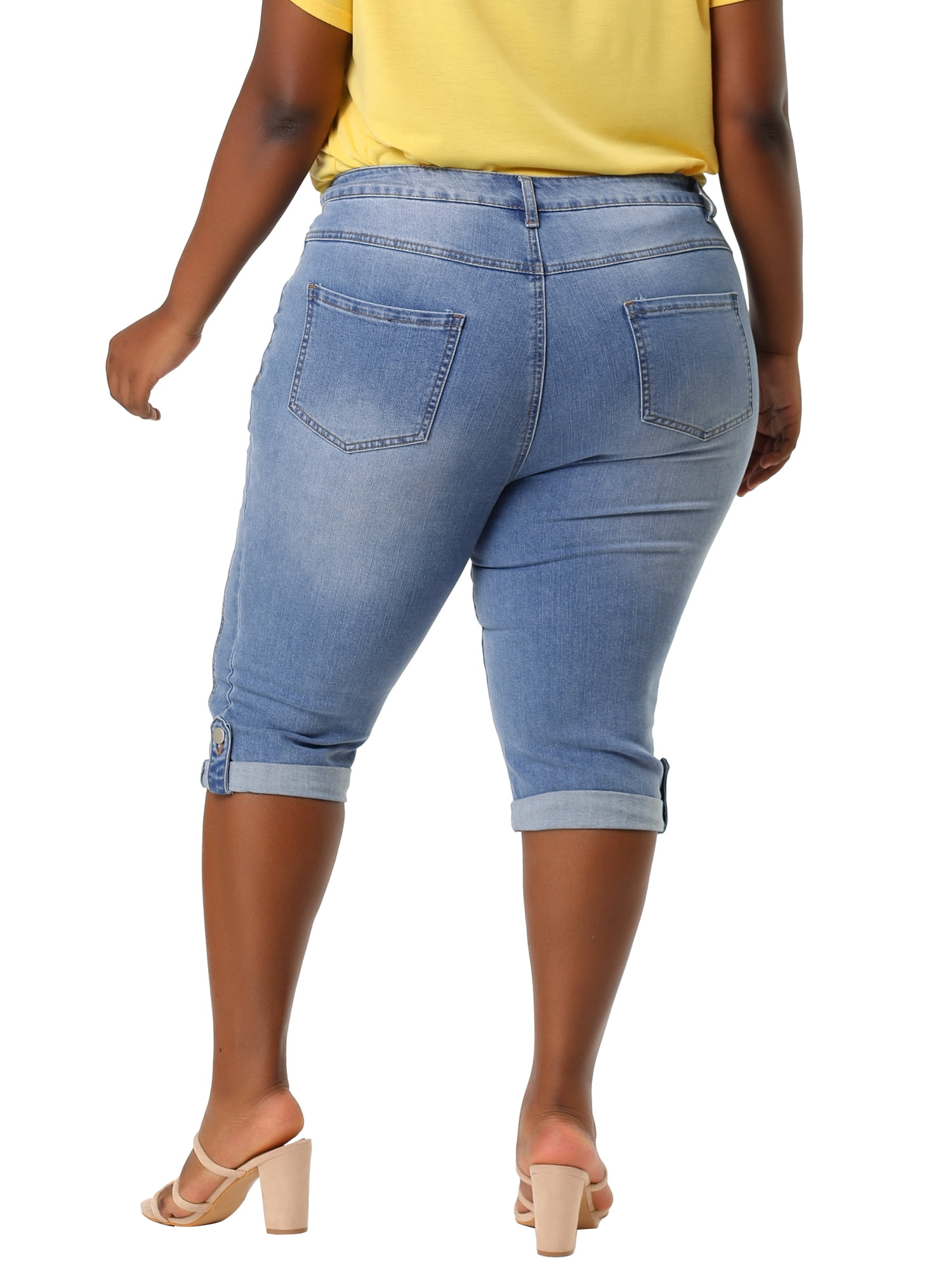 Unique Bargains Juniors' Plus Size Shorts Chambray Ripped Denim Capri Jeans Light Blue 2X