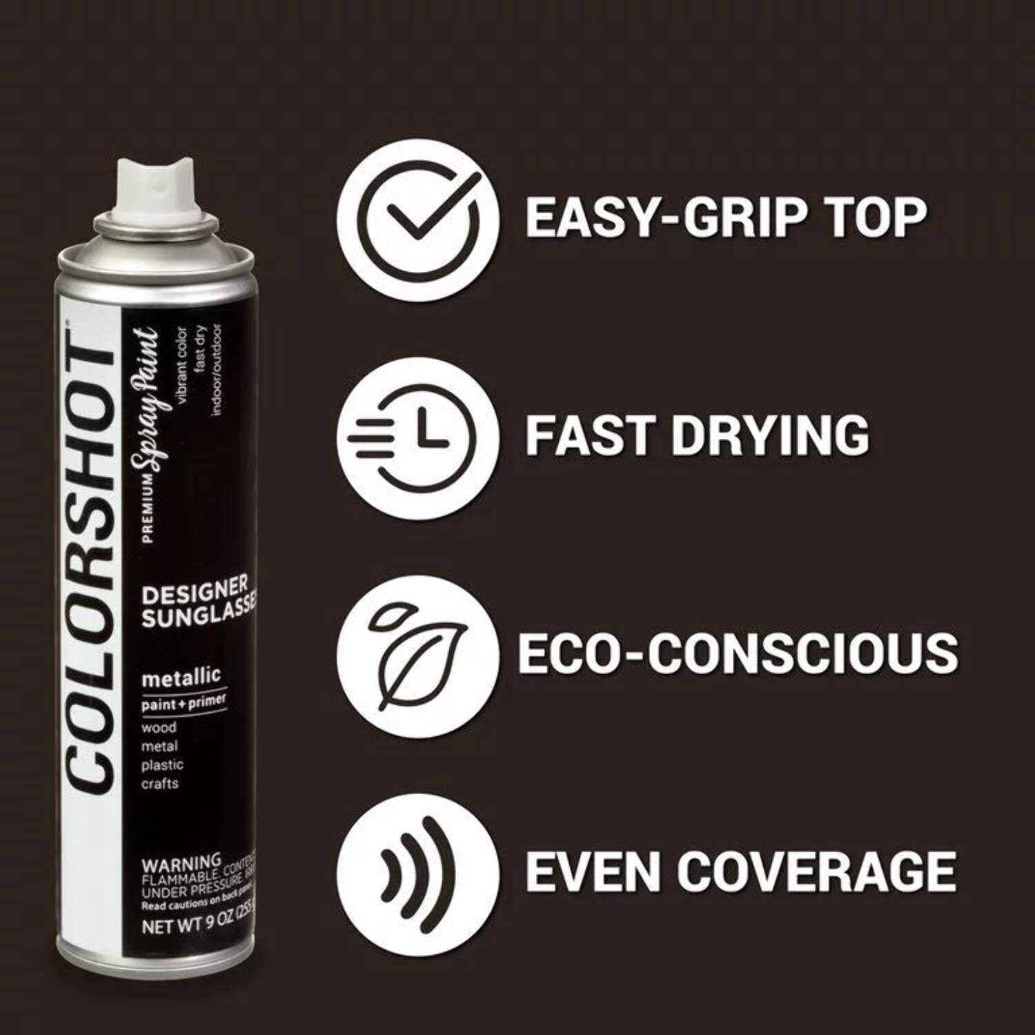 COLORSHOT Metallic Spray Paint, Designer Sunglasses (Oil Rubbed Bronze) 9 oz. 4 Pack, Fast-Drying Acrylic Paint, Indoor & Outdoor Use