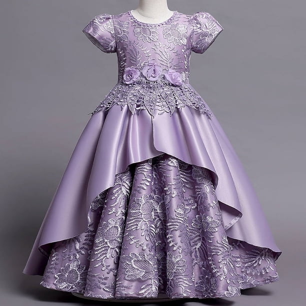 Vestido de princesa bordado de satén largo para niñas europeas y americanas de tamaño mediano y grande