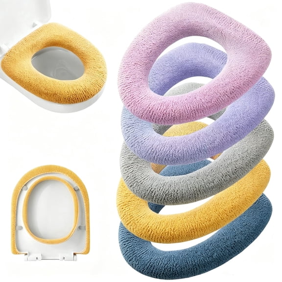 5 Pack Thickened Knit Toilet Seat Covers, Soft Stretch Washable Fiber Cushion Pads, Easy Install Elongated Light Bathroom Toilet Lid Protectors
