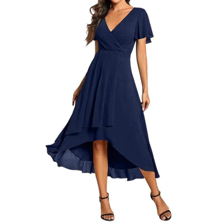 navy wedding guest semi formal dresses LISTHA Womens Spring Summer Chiffon Wedding Guest Dresses V Neck Ruffle Sleeves Midi Semi Formal Cocktail Dress Navy XL, Women's