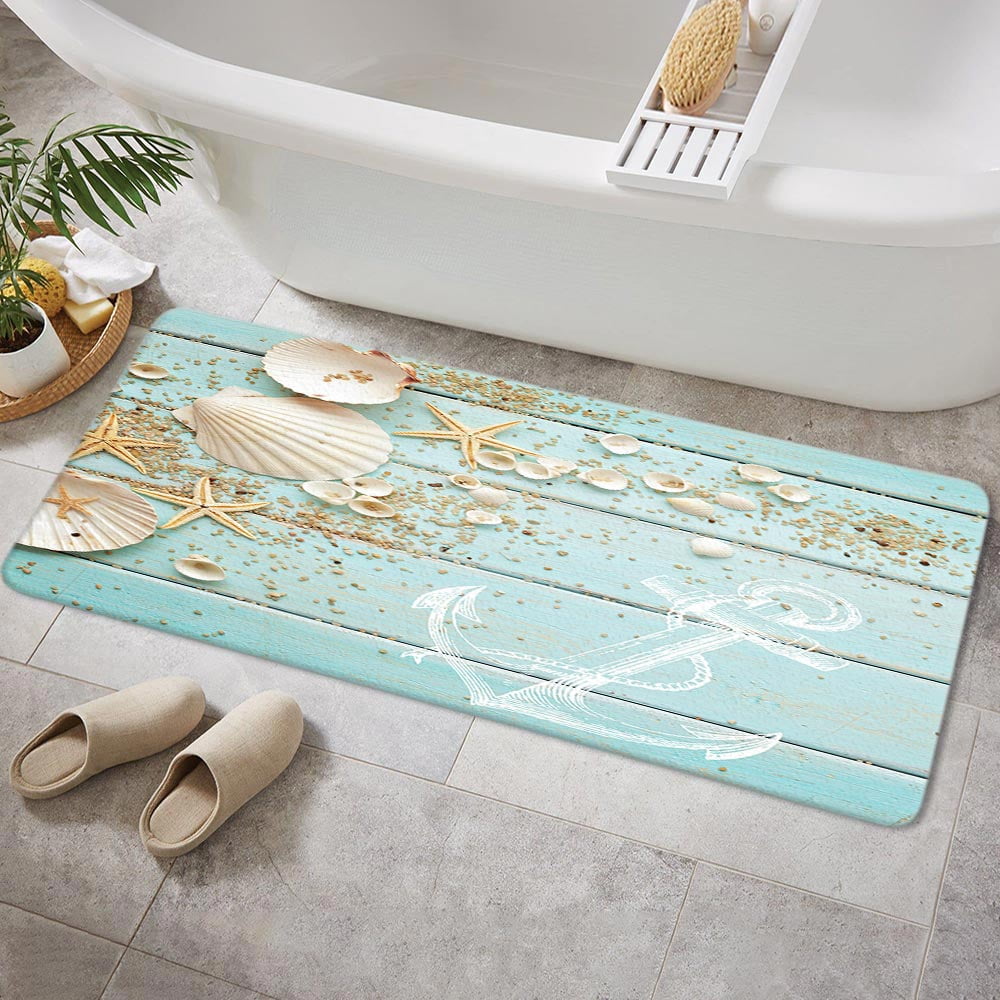 Starfish Bathroom Rugs, Ocean Beach Non-Slip Bath Rugs Seaside Costal Scenery Landscape Bathroom Rugs Set Nautical Sea Scenic Sand Blue Sky Summer Bathroom Rug Mat 17X48inch, Absorbent Bath Rugs