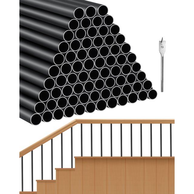 VEVOR Staircase Balusters 101 Pack, 26 In Aluminum Stair Balusters, 3/4 In Rainwater-Proof Round Metal Spindle Railing, Durable Hollow Deck Railing with #19 Drill Bit for Stairs, Porch, Patio, Black