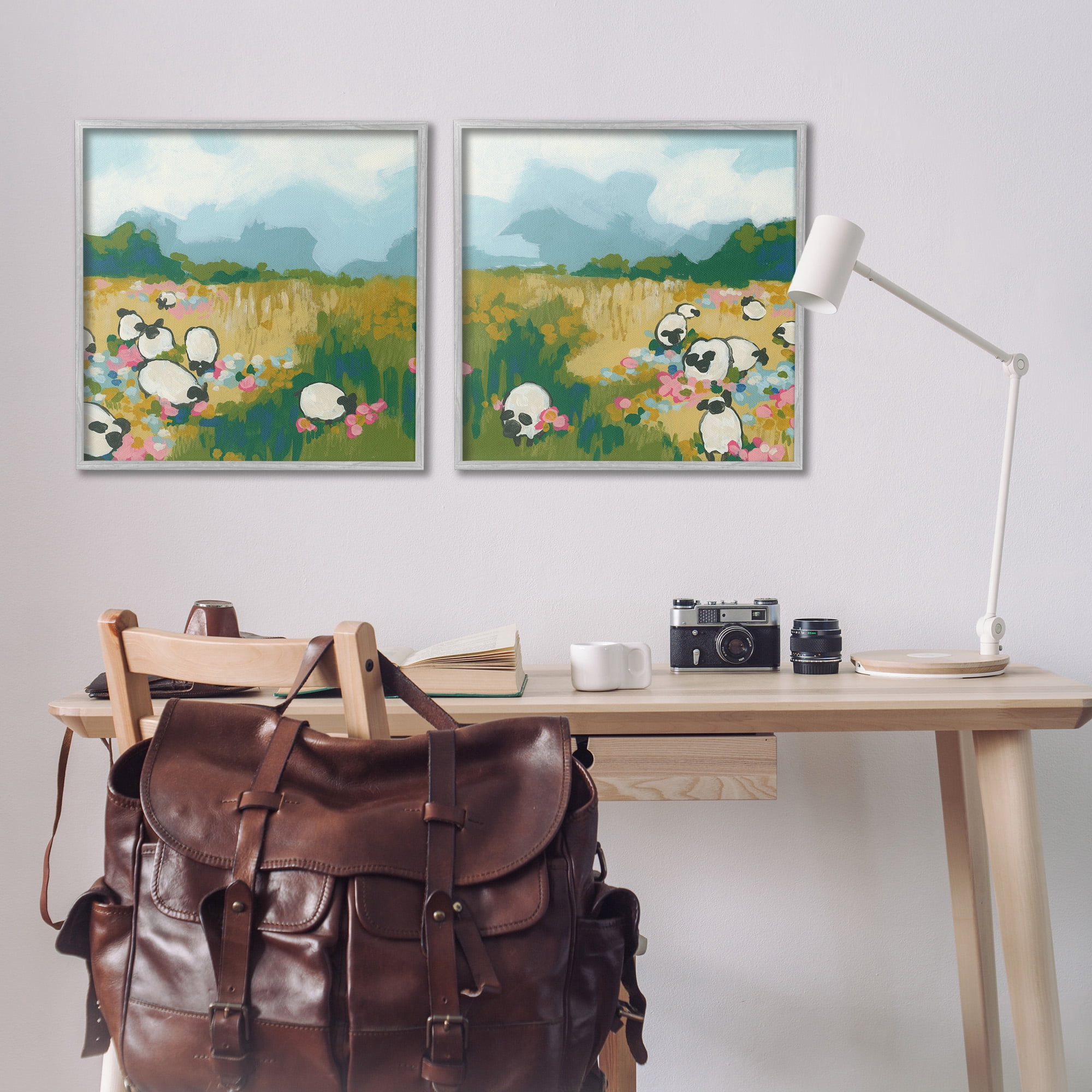Stupell Industries Scattered Sheep in Field Landscape Painting Gray Framed Art Print Wall Art, 24 x 24, Set of 2