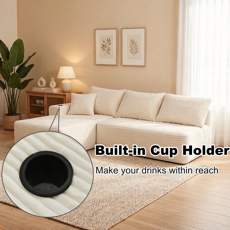 2-Piece No Assembly Need Sectional Sofa Set, Boneless Couch with Chaise Lounge, Modular Upholstered Sofa with Cup Holder