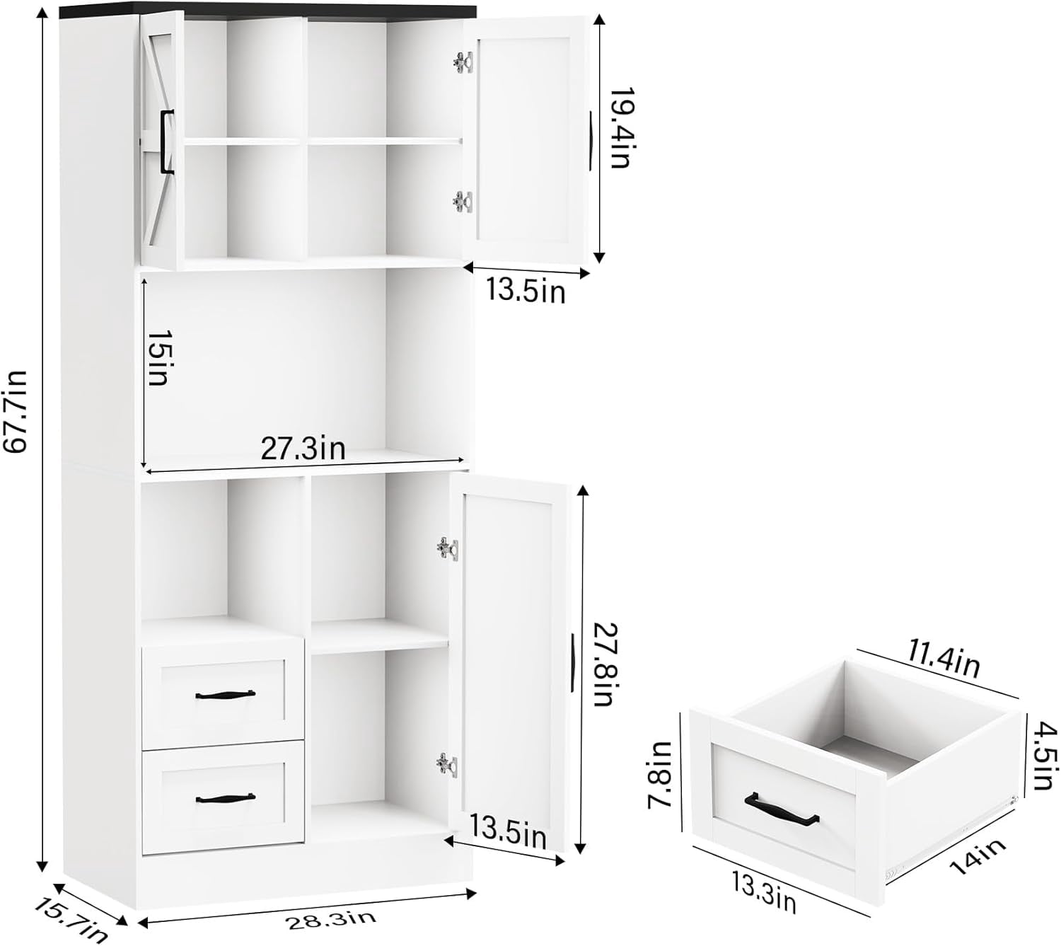 Frmobepts 68" Tall Kitchen Pantry with LED Lights, Free-standing Wood Storage Cabinet with Farmhouse Barn Doors for Dining Room, White