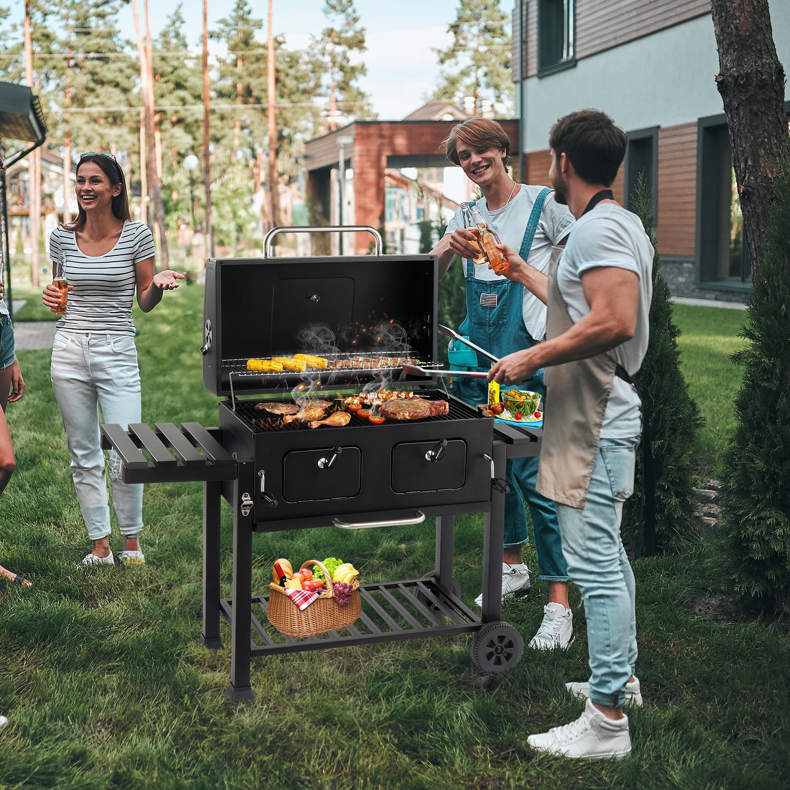 Ktaxon BBQ Grill Outdoor Charcoal Grill Smoker Large-sized Barbecue Grill with 2 Charcoal Doors for Patio,Backyard,Garden