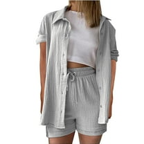 Fmbrln Womens Summer 2 Piece Sets Casual Turndown Collar Button Short Sleeve Shirts and Drawstring Elastic High Waist Shorts Sets Lounge Outfits Gray 2XL