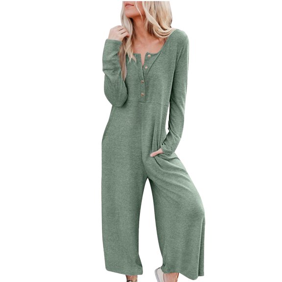 hopeusnice Women's Workout Vacation Cotton Linen Romper Overalls Wide Leg Pants Solid Color Jumpsuits Buttons Pockets Pants Long Sleeve Casual Beach Fashion Summer Green XL