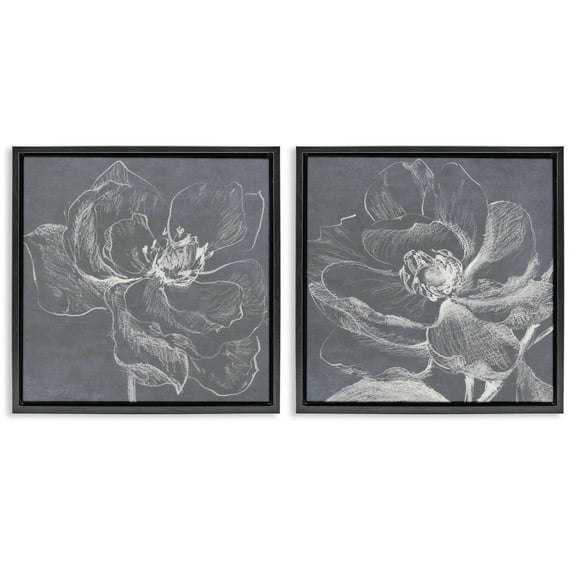 Stupell Industries Chalkboard Magnolia Blossom Plants & Flowers Drawing Black Floater Framed Canvas Art Print Wall Art, 18 x 18, Set of 2